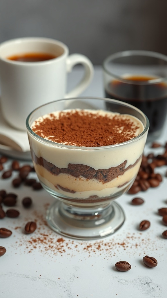A glass of keto tiramisu with coffee cups in the background