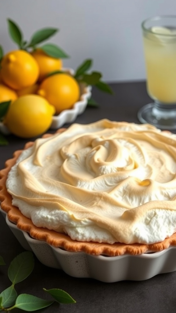 A lemon meringue pie topped with fluffy meringue, surrounded by fresh lemons and a glass of lemonade.
