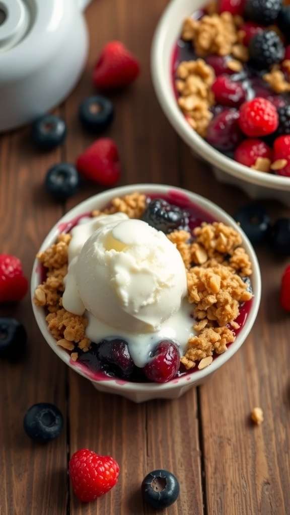 A bowl of berry crisp topped with ice cream, surrounded by fresh berries on a wooden table.