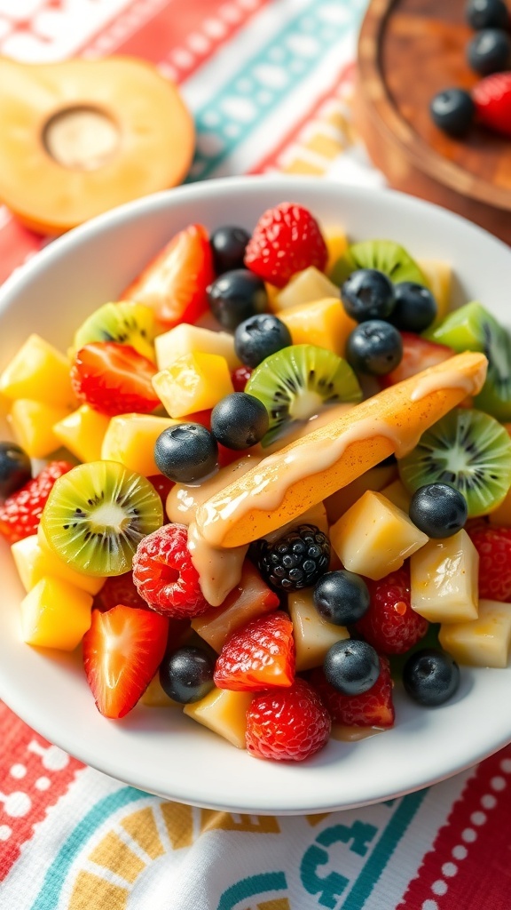A colorful fruit salad with strawberries, blueberries, kiwi, mango, and blackberries, drizzled with honey-lime dressing.