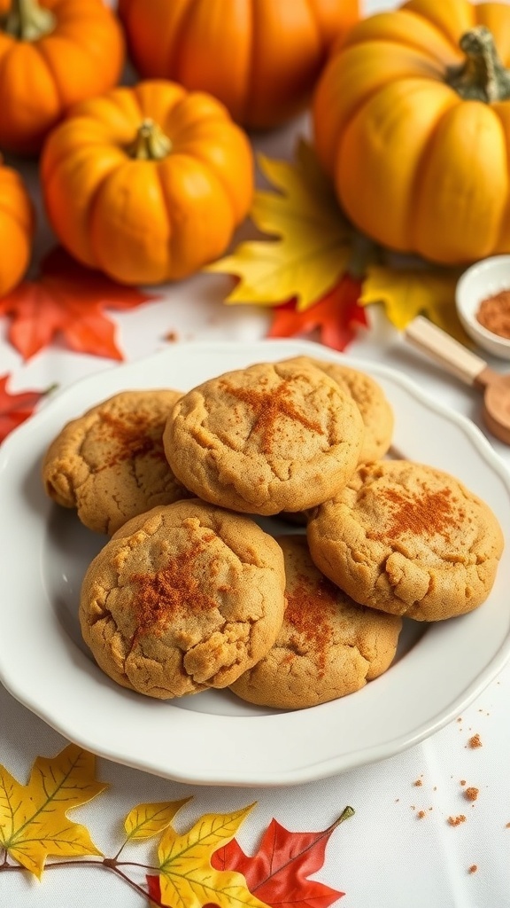 Peanut butter pumpkin cookies on a plate with pumpkins and autumn leaves in the background.