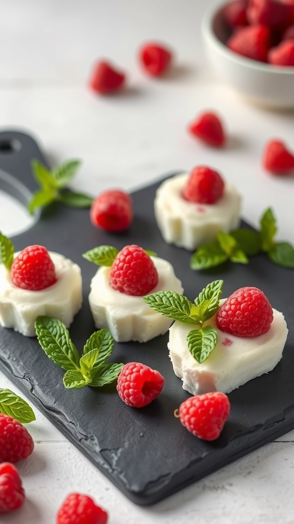 Raspberry cream cheese bites garnished with fresh raspberries and mint leaves on a slate board.