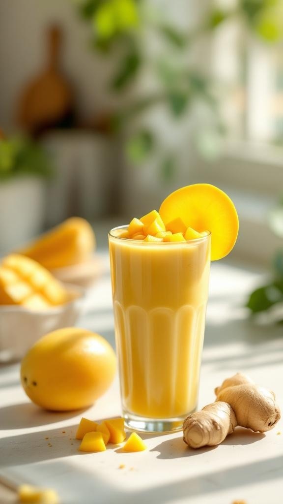 A refreshing mango and ginger drink in a glass, garnished with a slice of mango and surrounded by fresh mangoes and ginger root.