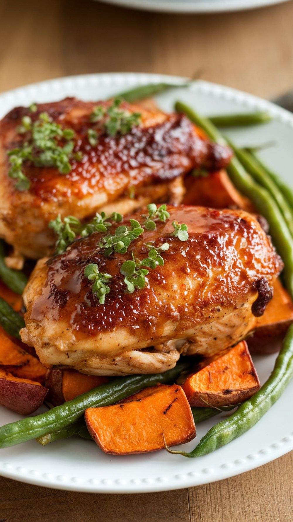 Maple mustard glazed chicken served with sweet potatoes and green beans