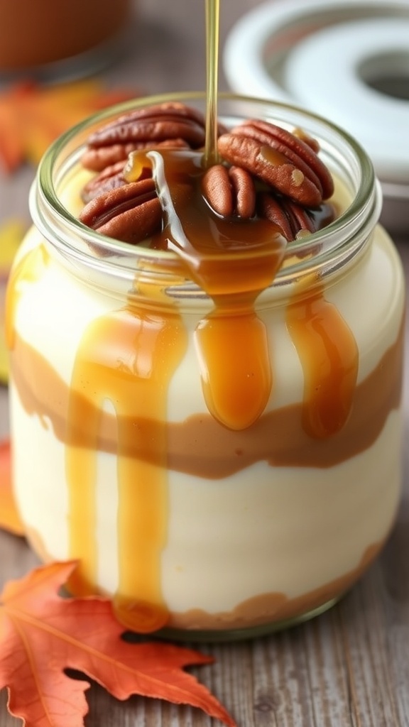 Maple Pecan Cheesecake Jar with pecans and maple syrup drizzle