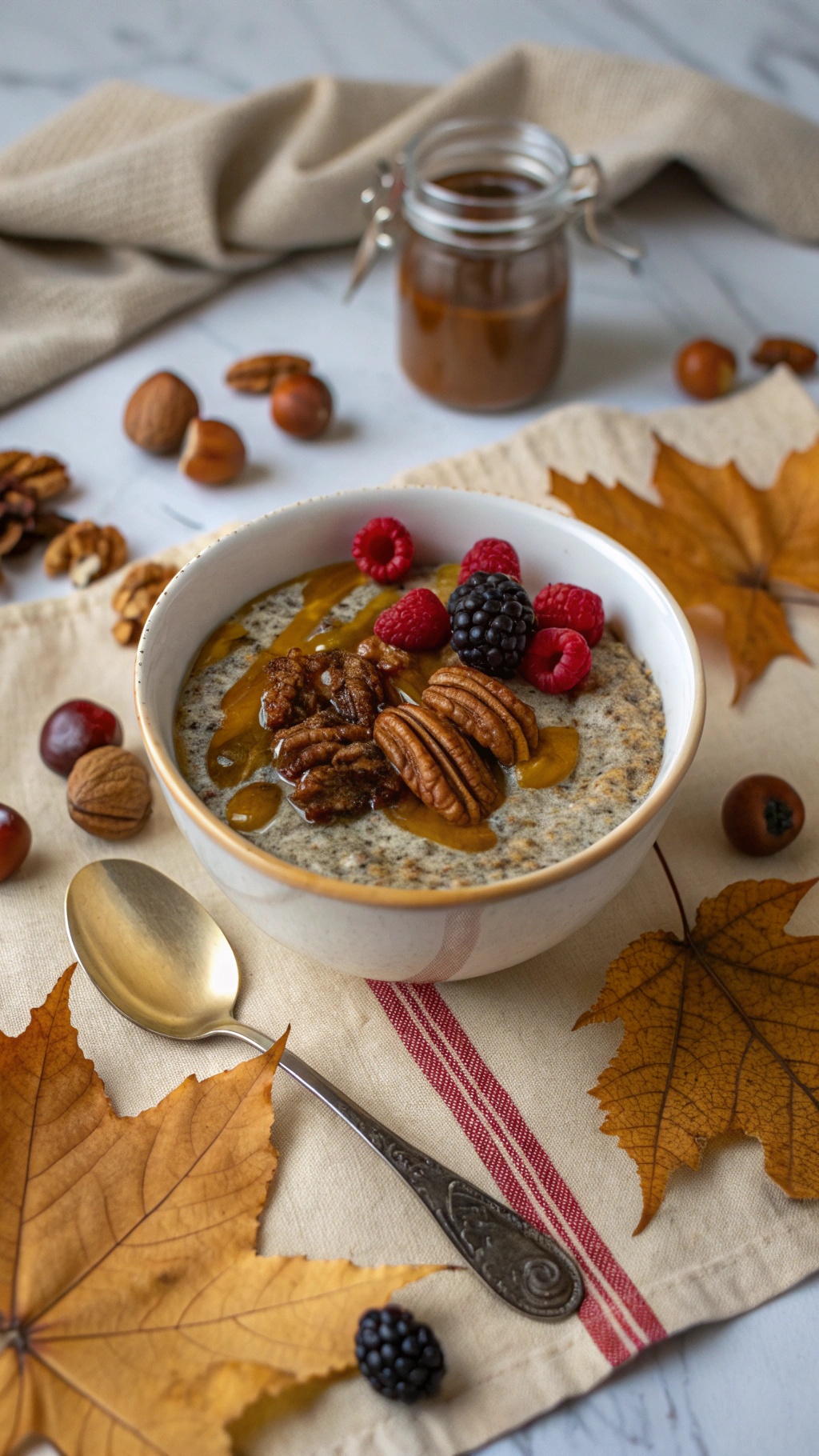 A bowl of maple pecan chia pudding topped with berries and syrup, surrounded by autumn leaves and nuts.