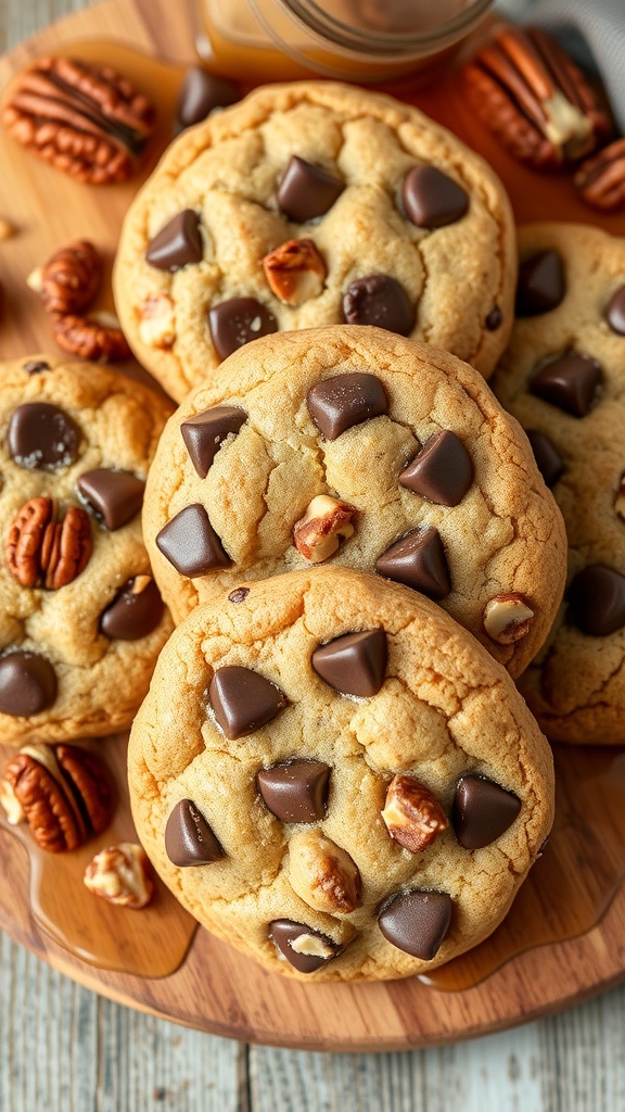 Delicious Maple Pecan Chocolate Chip Protein Cookies on a wooden platter