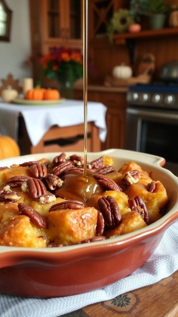 Maple Pecan High-Protein Bread Pudding with syrup being poured over it
