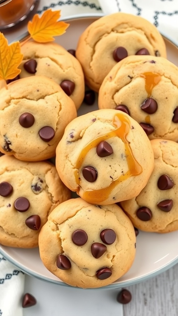 A plate of maple syrup chocolate chip cookies, some drizzled with syrup and surrounded by autumn leaves.