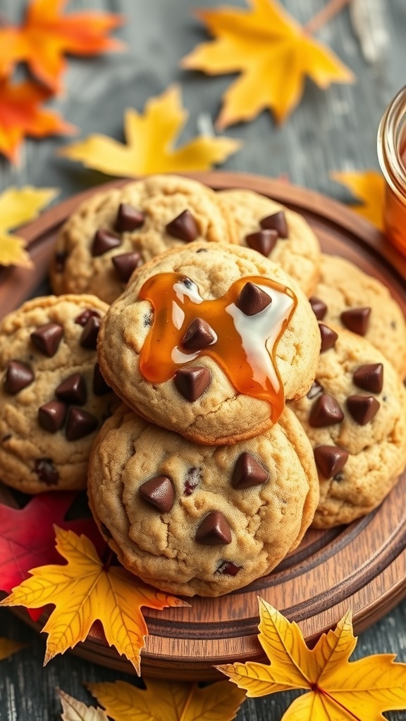 Maple syrup vegan chocolate chip cookies with chocolate chips and autumn leaves