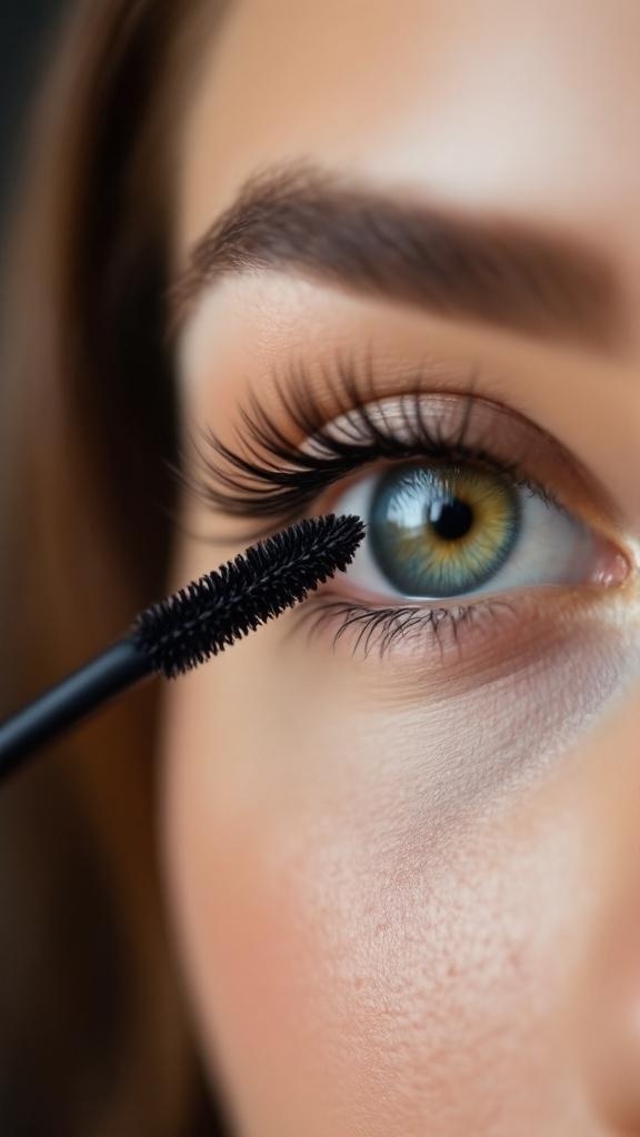 Close-up of a woman's eye with mascara being applied, showcasing long lashes.