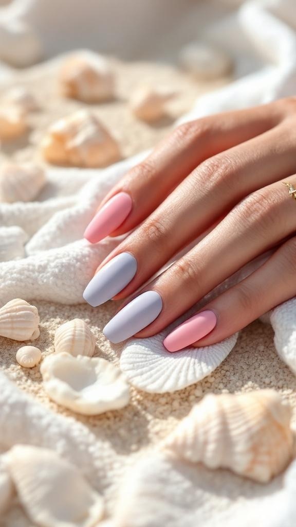 Close-up of a hand with matte pink and lavender nails resting on a sandy surface with seashells.