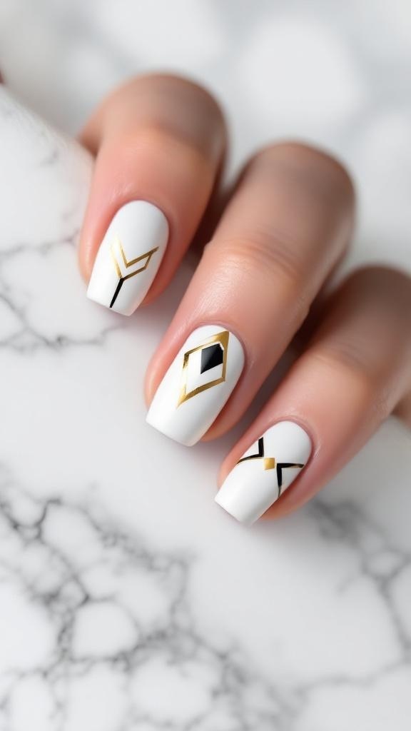 Matte white nails with geometric designs on a marble background