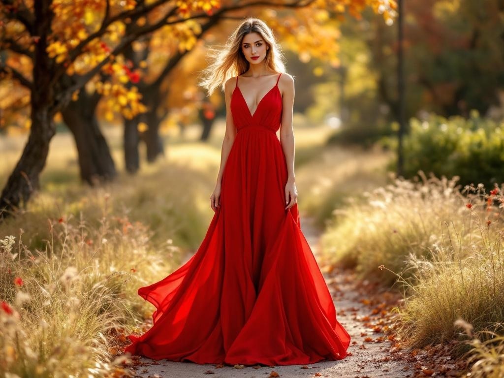 A woman in a flowing red maxi dress standing in a scenic outdoor setting with autumn foliage.