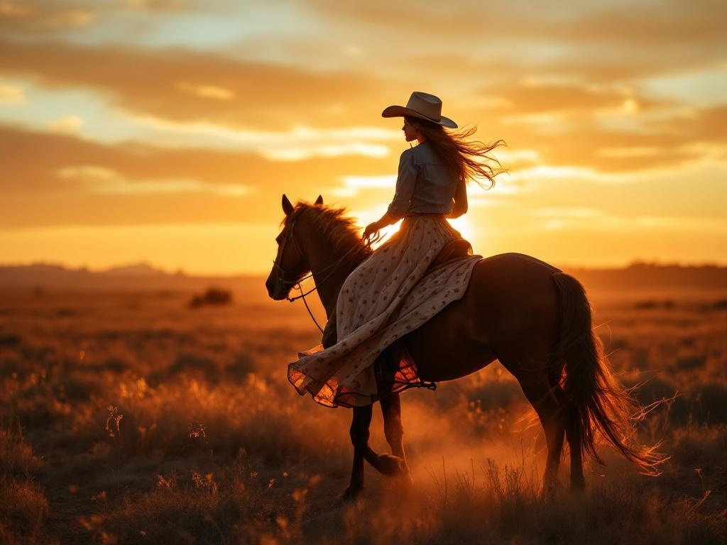 A cowgirl in a maxi skirt and denim jacket riding a horse at sunset