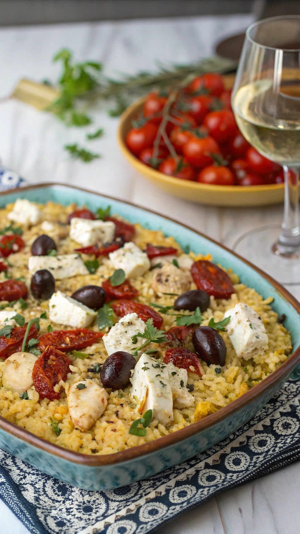A Mediterranean Chicken and Rice Bake with colorful ingredients like chicken, rice, olives, and feta cheese.