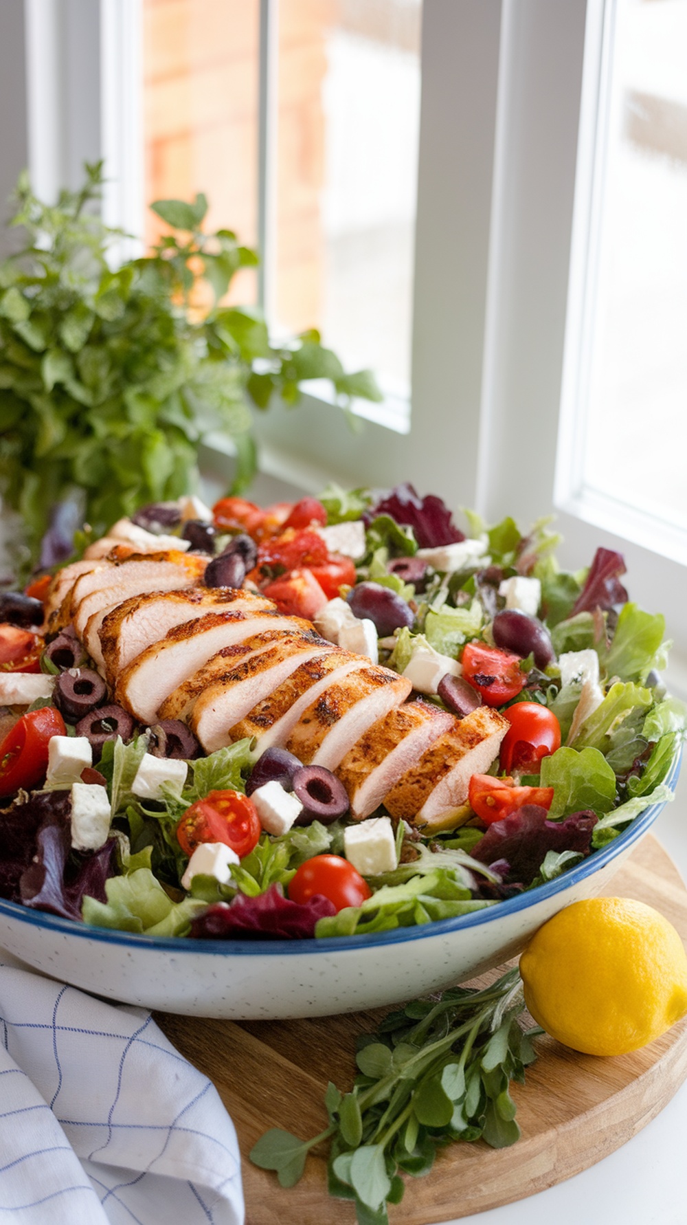 A vibrant Mediterranean chicken salad with sliced grilled chicken, mixed greens, cherry tomatoes, olives, and feta cheese.