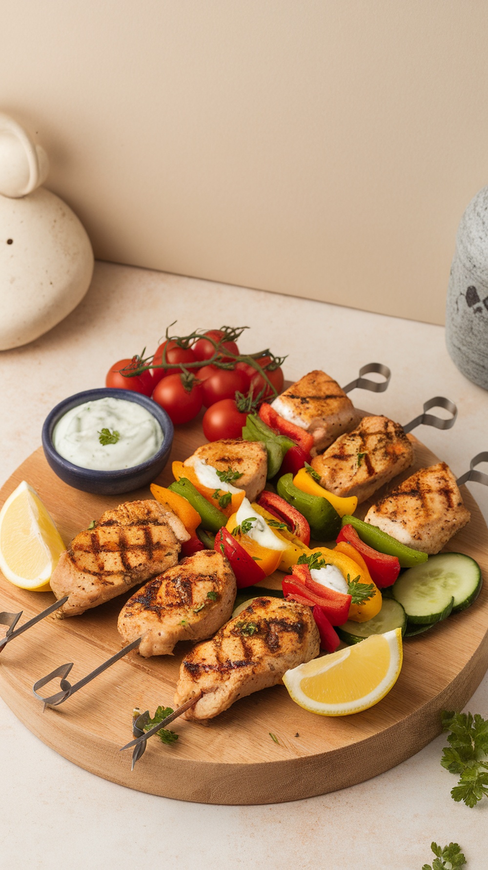 Mediterranean chicken skewers with colorful bell peppers and a yogurt dip on a wooden platter.