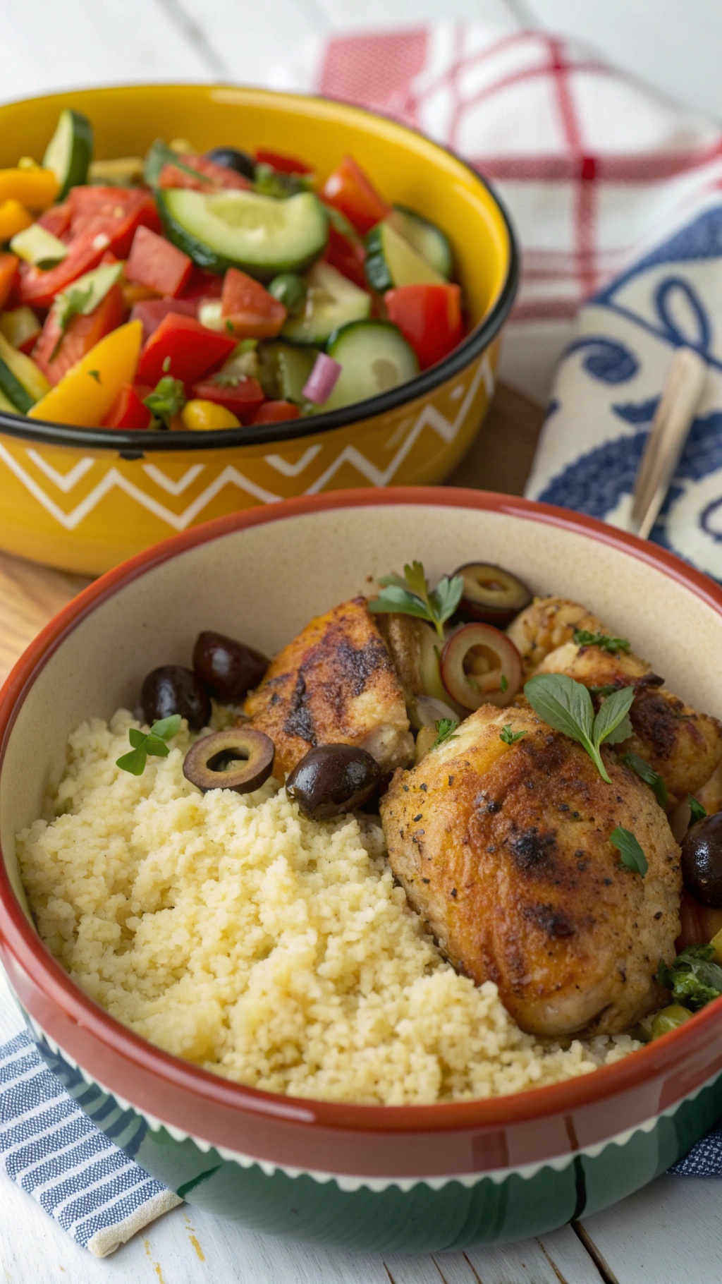 A bowl of Mediterranean chicken thighs with olives served over couscous, accompanied by a colorful salad.
