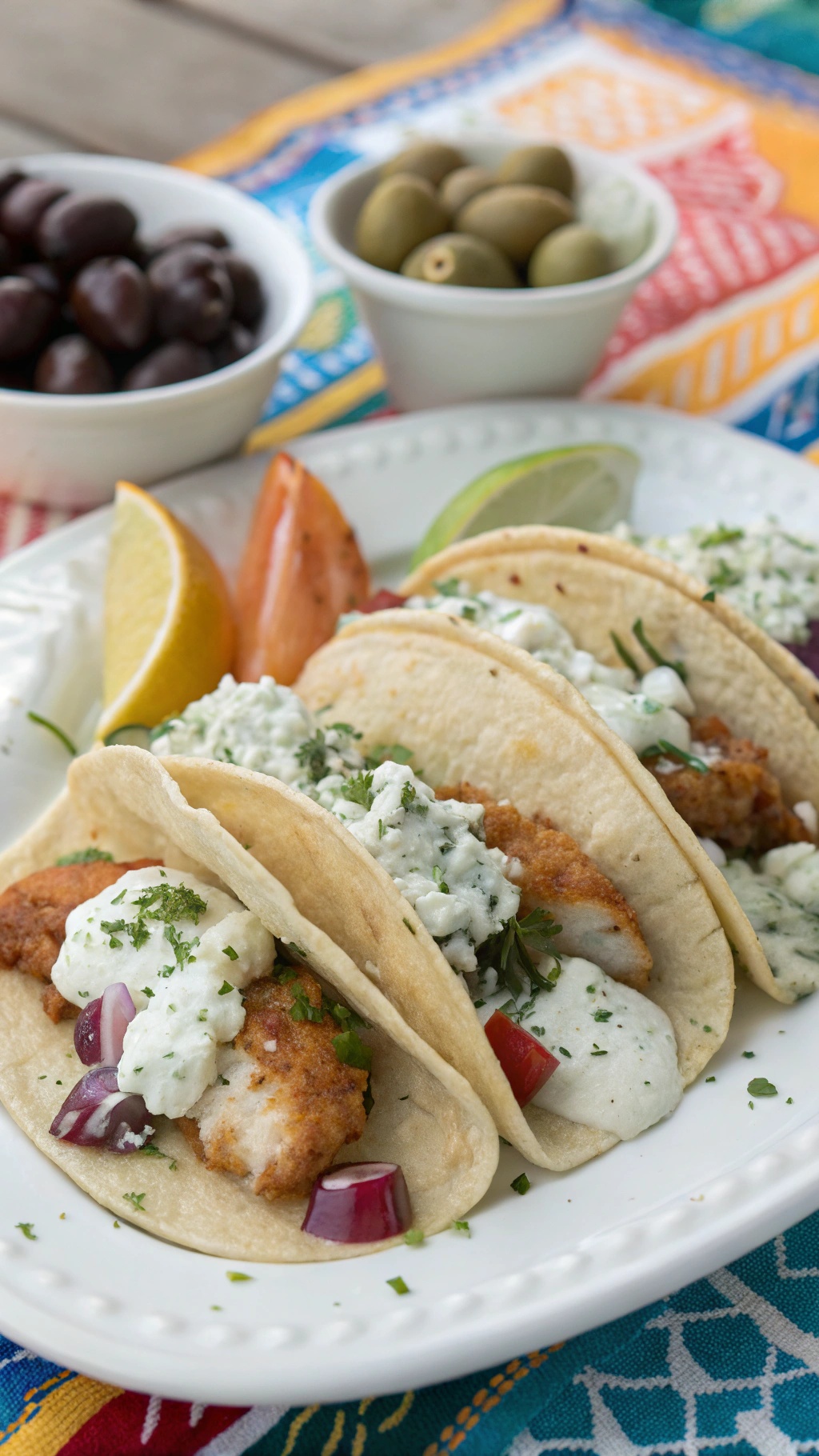 Mediterranean fish tacos with tzatziki sauce, garnished with herbs and served with lemon and lime.