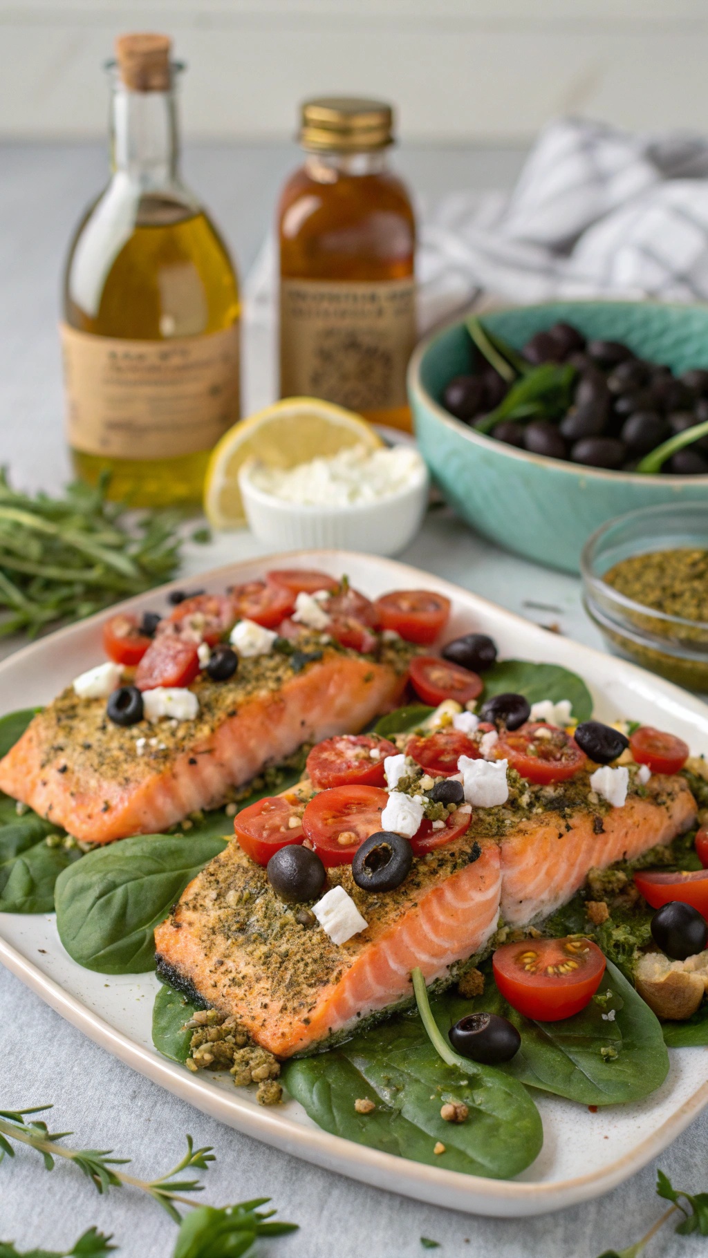 Mediterranean herb-crusted salmon with tomatoes and olives on a plate