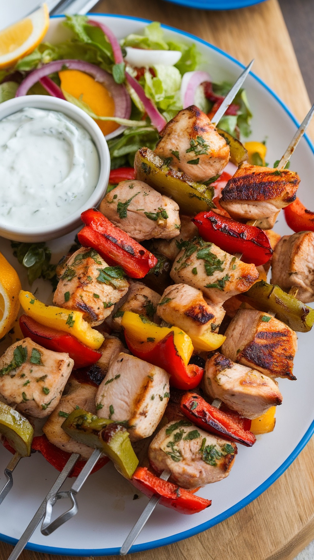 Mediterranean Lemon Chicken Skewers with colorful vegetables and tzatziki sauce