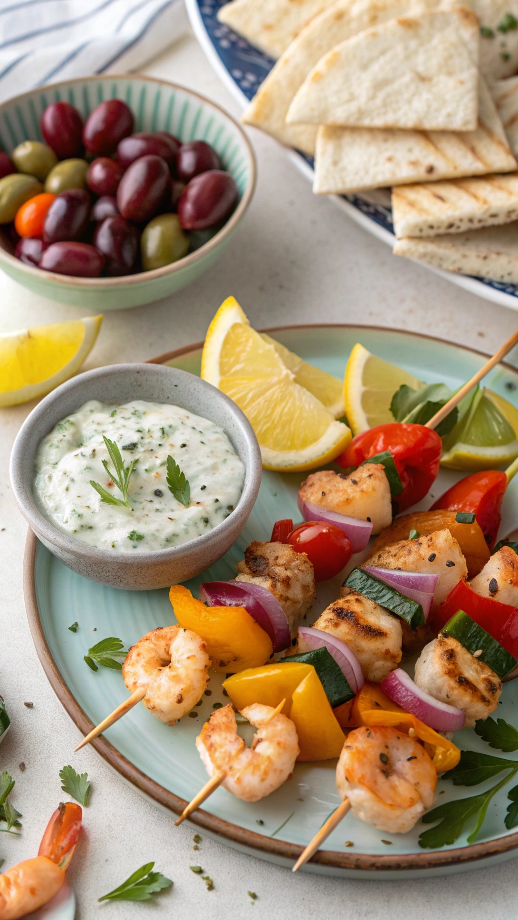 Mediterranean shrimp skewers with tzatziki sauce, olives, and pita bread