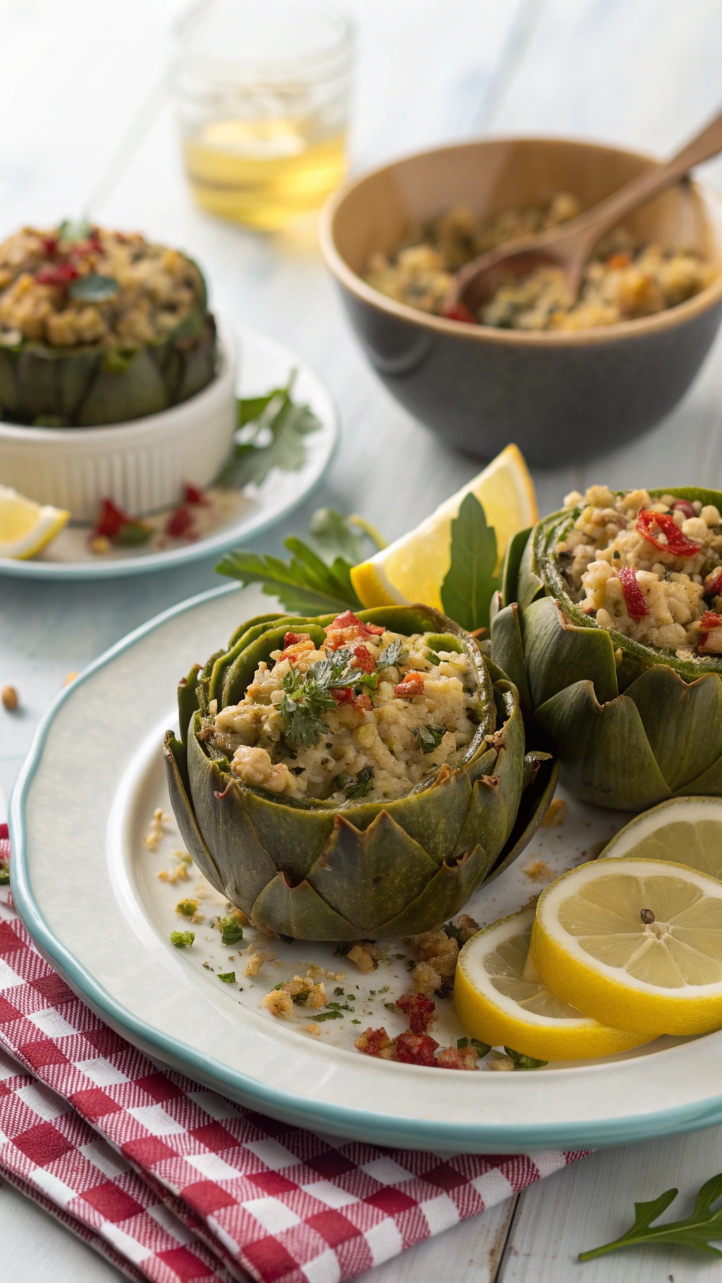 Mediterranean stuffed artichokes with lemon slices and herbs on a plate