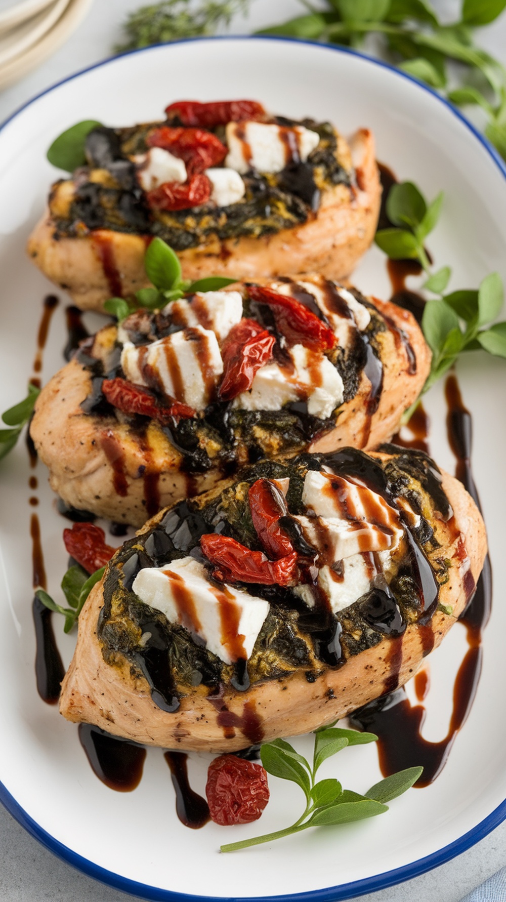 Mediterranean stuffed chicken breasts topped with sun-dried tomatoes and feta cheese, drizzled with balsamic glaze.