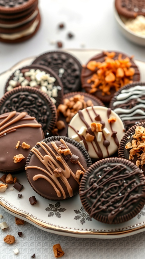 A plate of chocolate covered Oreos decorated with various toppings.
