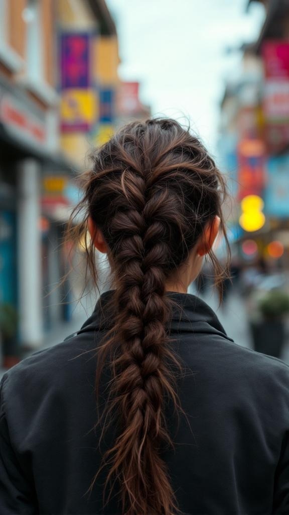 A woman with a messy braided ponytail walking in a colorful street