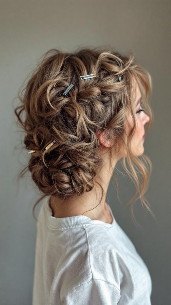 A messy curly updo hairstyle with loose curls pinned up and hair clips.