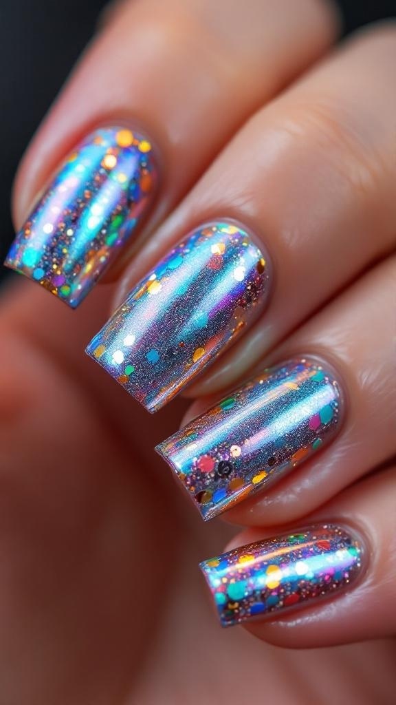 Close-up of nails with metallic accents and colorful glitter