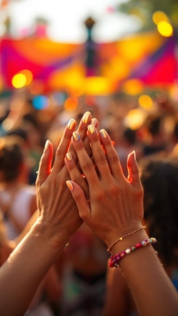 Hands with metallic nails clapping at a summer festival