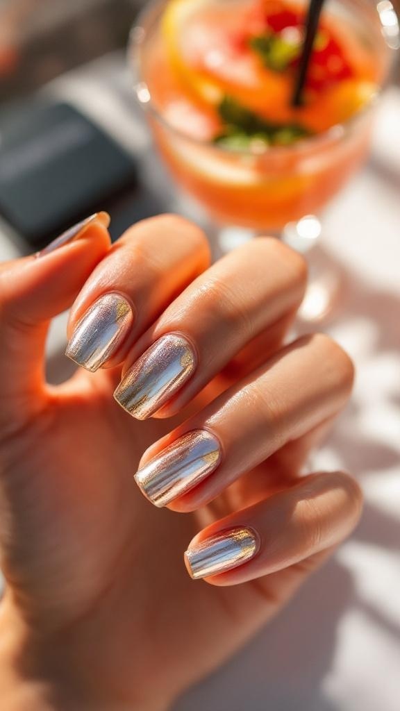 Close-up of hands with metallic foil accent nails holding a drink