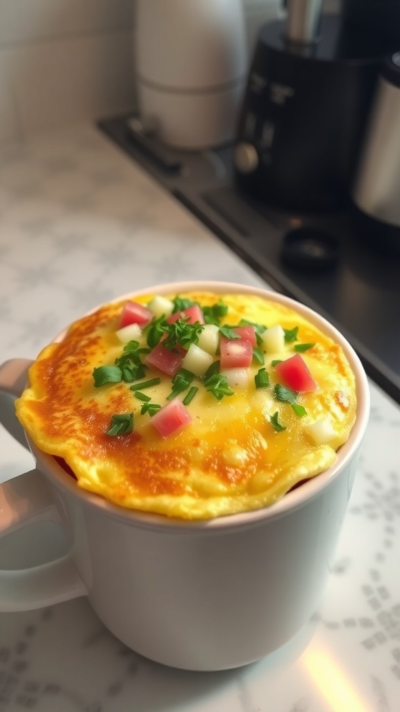 A steaming mug of omelette with colorful vegetables on a kitchen countertop