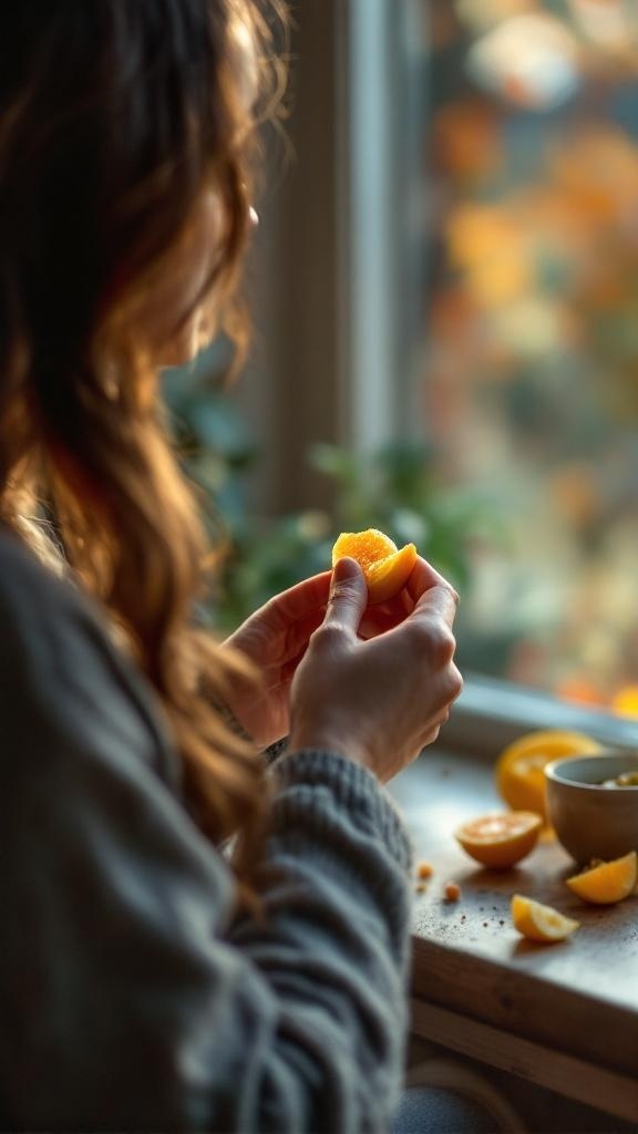 A person holding a piece of orange by a window, symbolizing mindful eating.