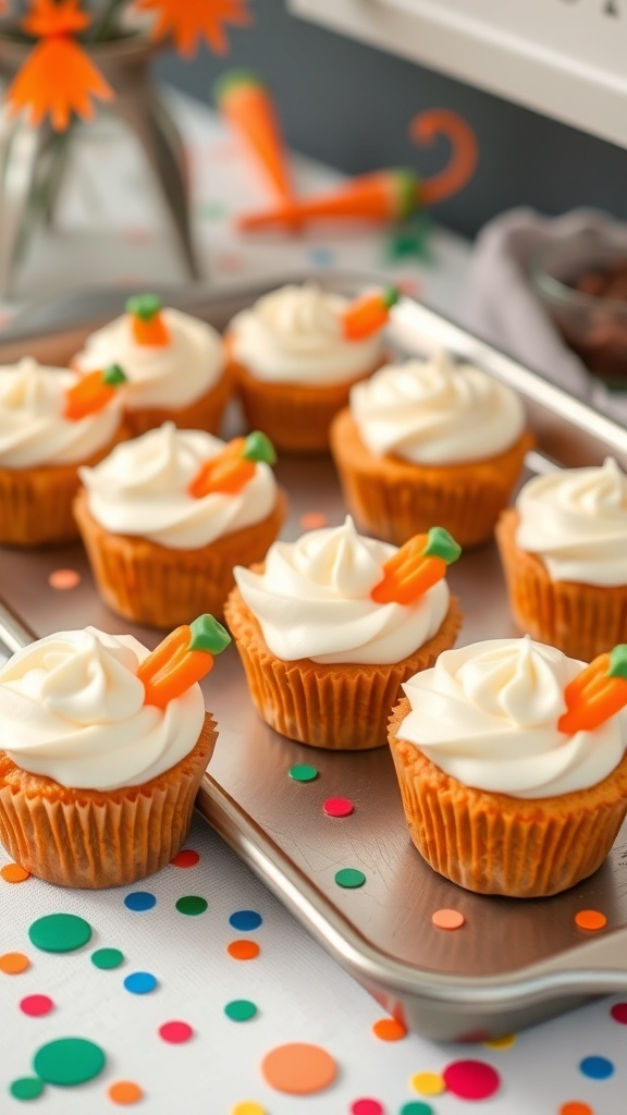 Mini carrot cake cups topped with cream cheese frosting and mini carrot decorations on a tray.