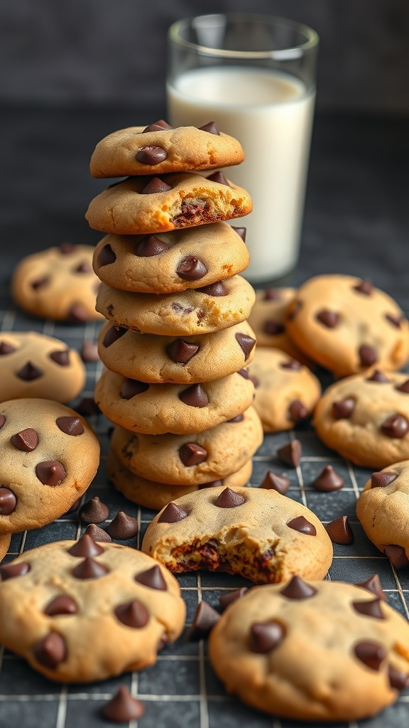A stack of mini chocolate chip cookies with a glass of milk in the background.