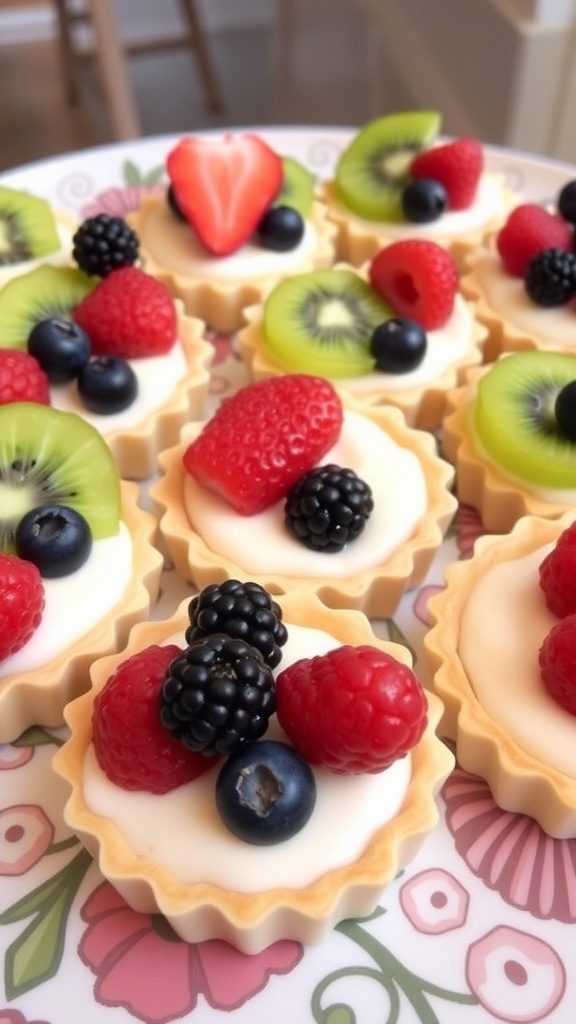 A plate of mini fruit tarts topped with various fresh berries and kiwi, set against a colorful floral background.