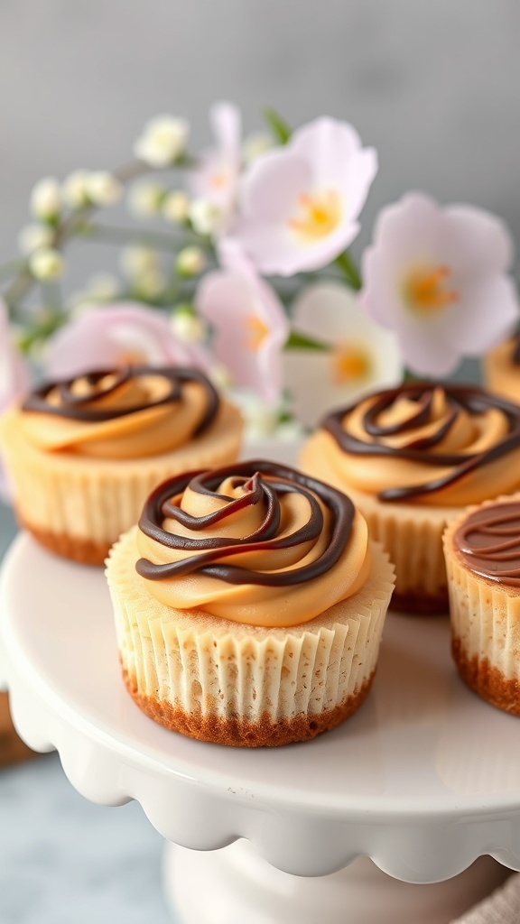 Mini peanut butter cheesecakes topped with chocolate swirls on a cake stand