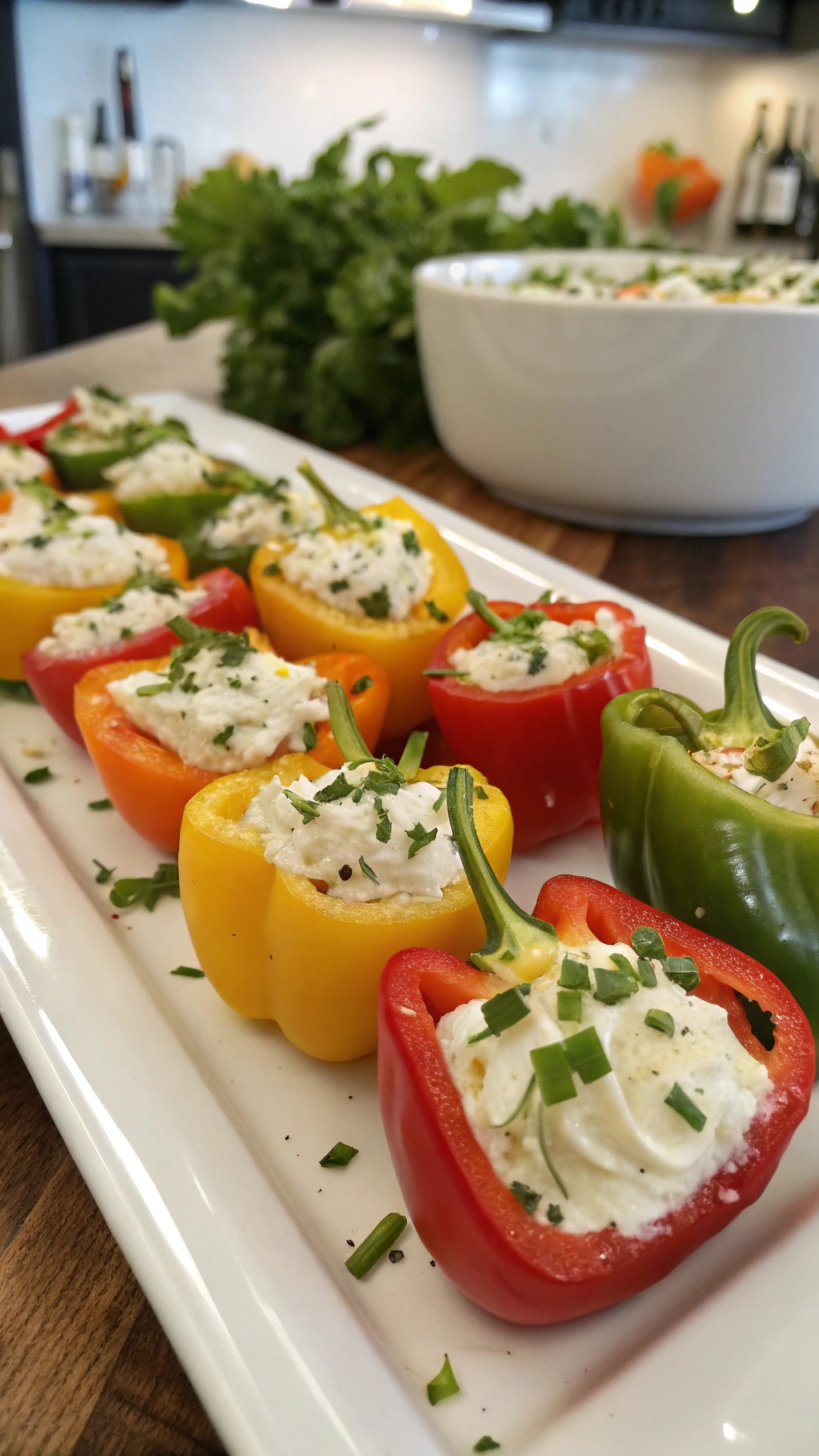 Mini stuffed peppers filled with cream cheese and herbs on a white platter