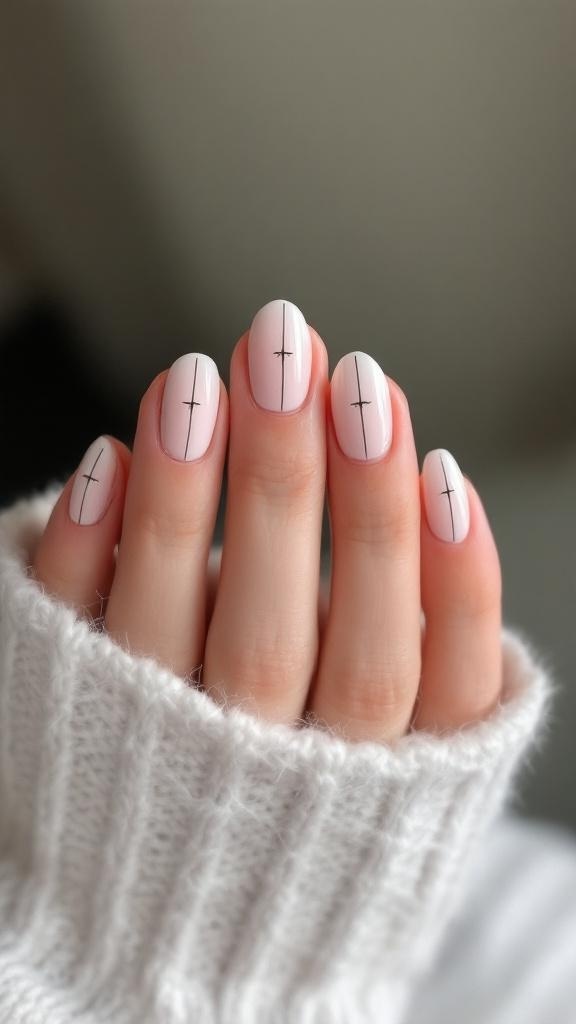 Close-up of minimalist line art nails with nude polish and black lines and dots.
