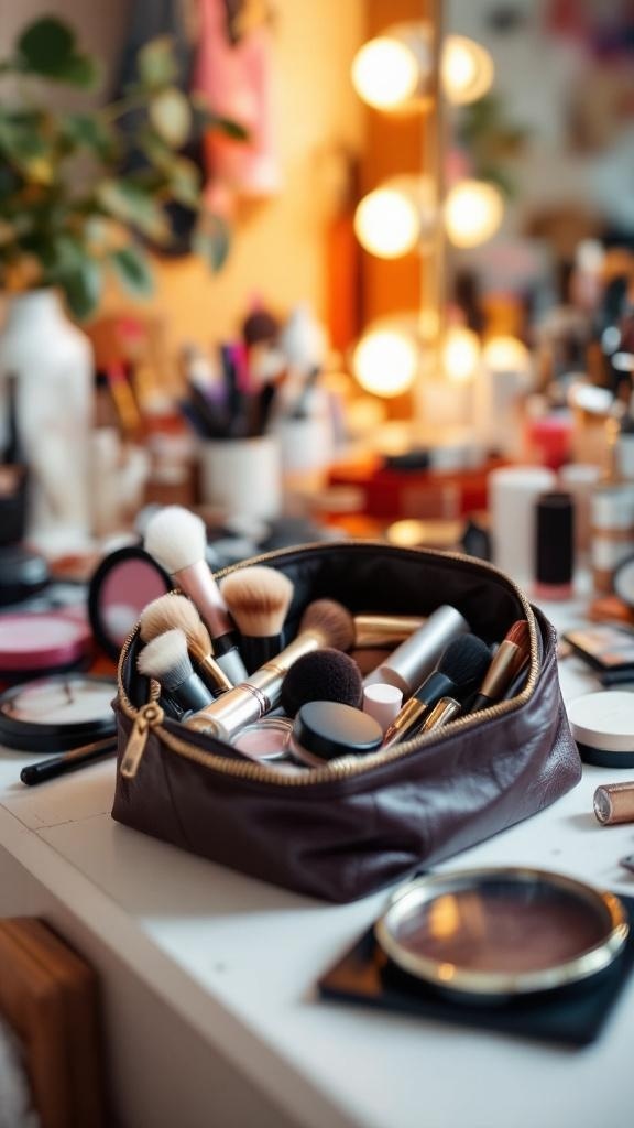 A brown makeup bag filled with various makeup brushes and products on a cluttered vanity.