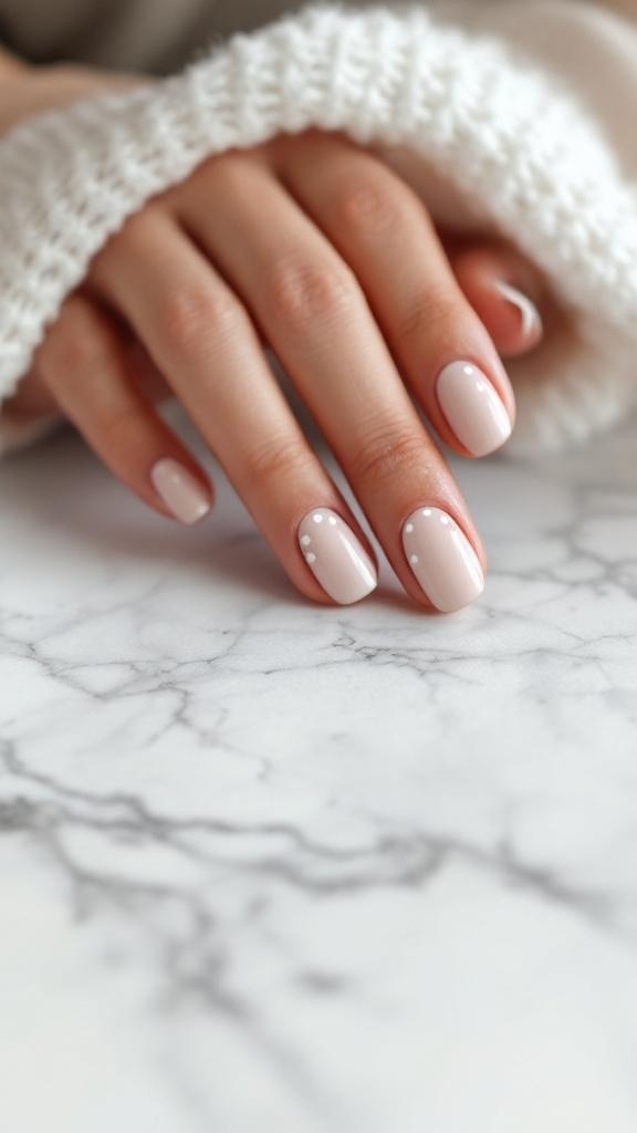 A close-up of hands with minimalist nail dots on a marble surface