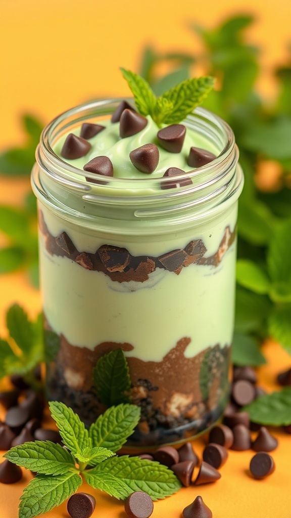 Mint Chocolate Chip Cheesecake Jar with chocolate chips and mint leaves