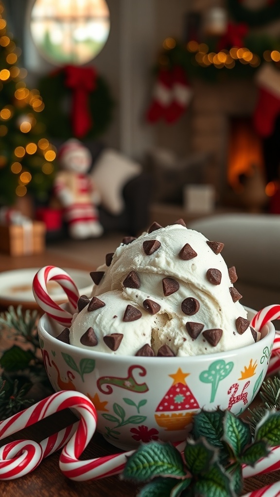 Bowl of mint chocolate chip ice cream with chocolate chips and candy canes, surrounded by festive decorations.