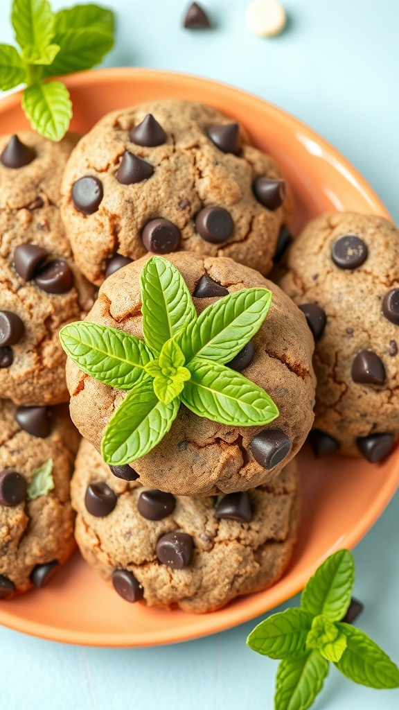 Mint chocolate vegan cookies with chocolate chips and fresh mint leaves