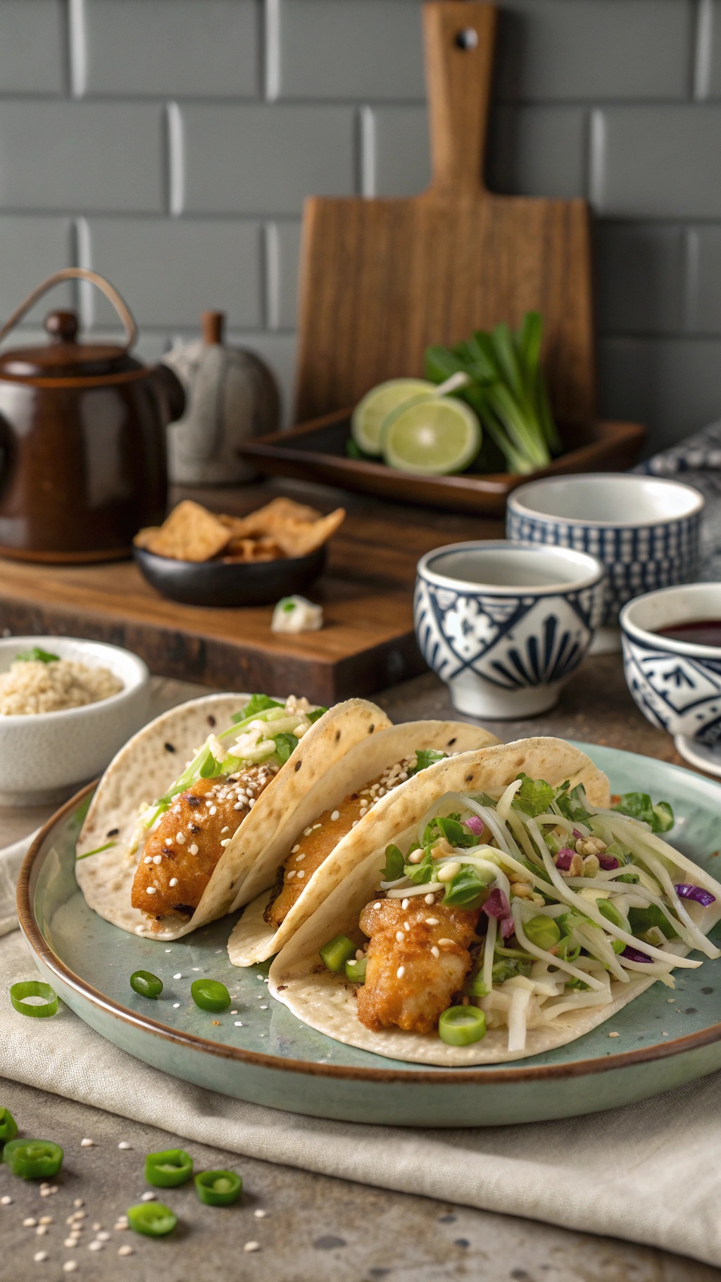 Miso-glazed fish tacos with sesame slaw on a plate, garnished with green onions and sesame seeds.