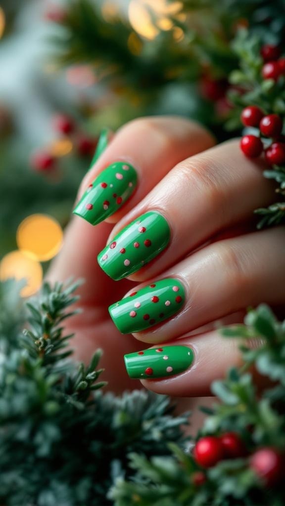 Nails painted in mistletoe green with red dots, surrounded by holiday greenery.